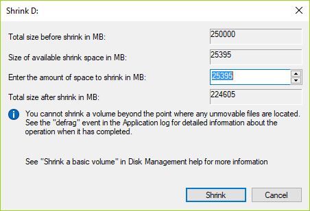 Enter the amount of space in MB you want to shrink and click Shrink