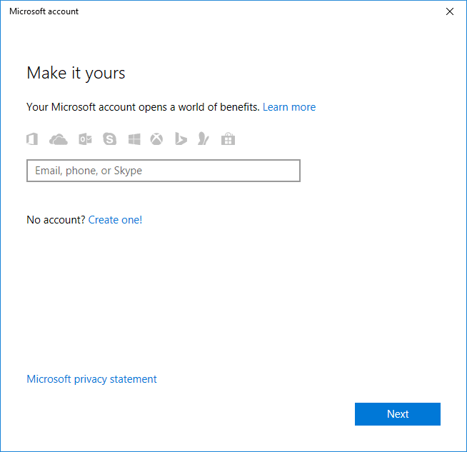 Enter the email address of your Microsoft account and then click Next