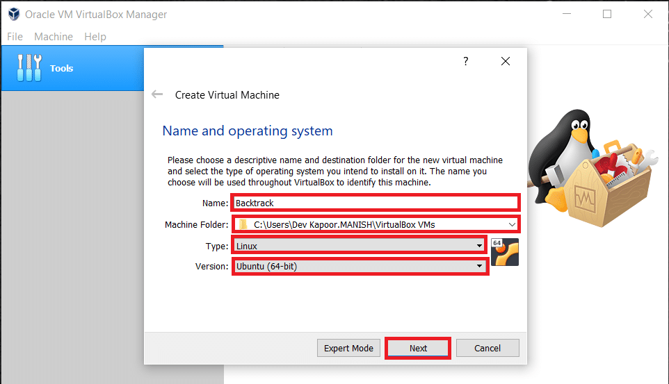 Enter the name for a new virtual machine, then choose the type the OS and version