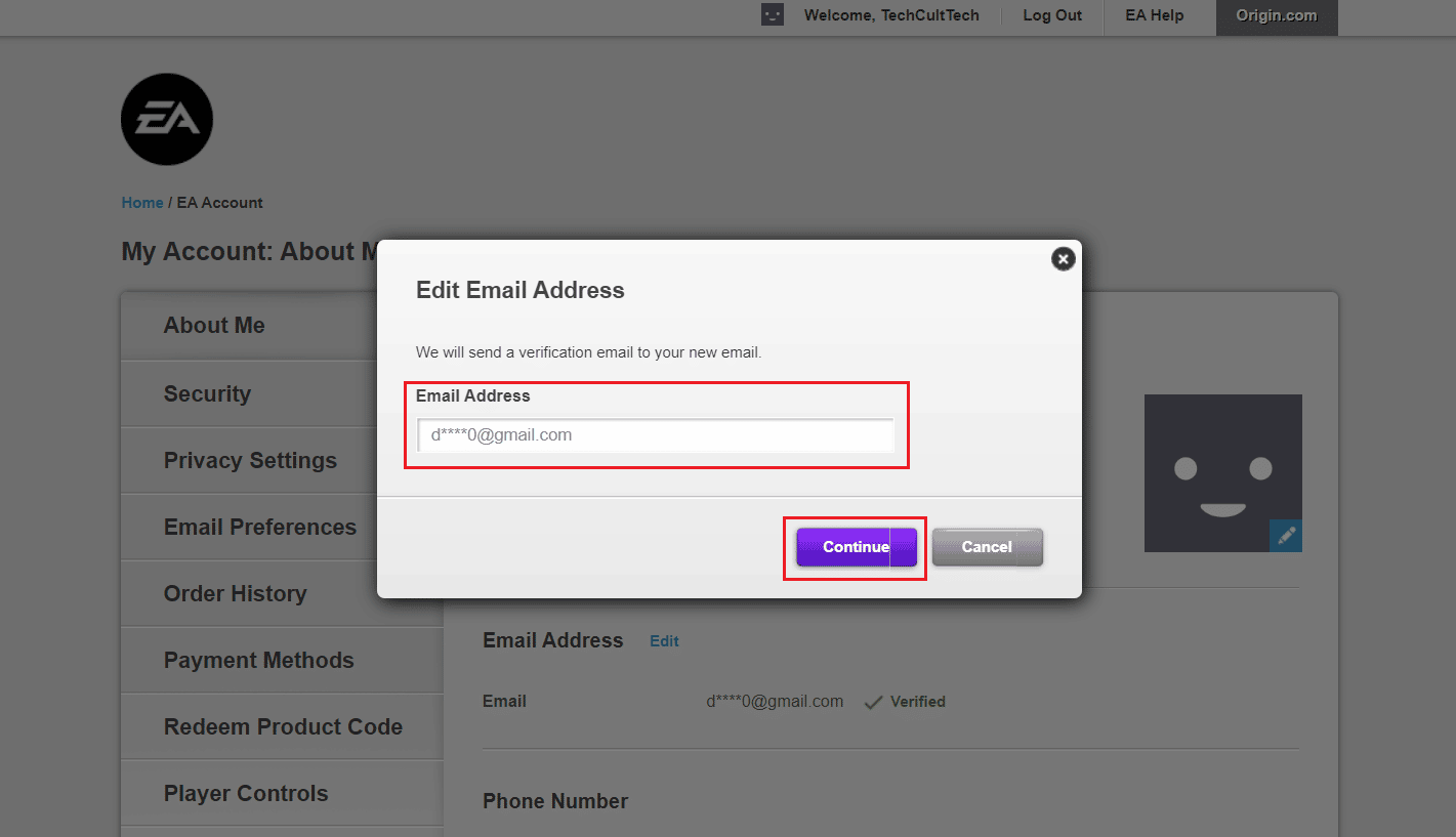 Enter the new Email Address in the given field and click on Continue