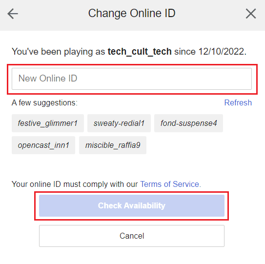Enter the new Online ID and click on Check Availability | change your child's account to a parent account on PS4