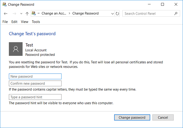 Enter the new password for the user account you wish to change and click Change password