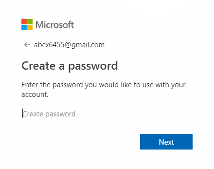 Enter the password for your new Microsoft account and click next