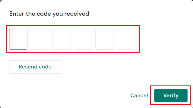 Enter the received code and click on Verify