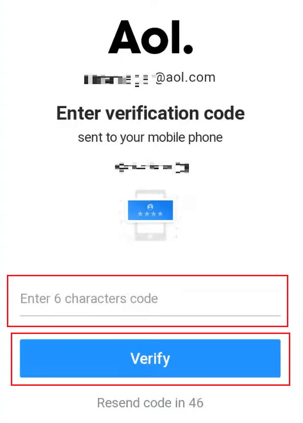 Enter the verification code you received on your registered phone number and tap on Verify | How to Recover Your Old AOL Email
