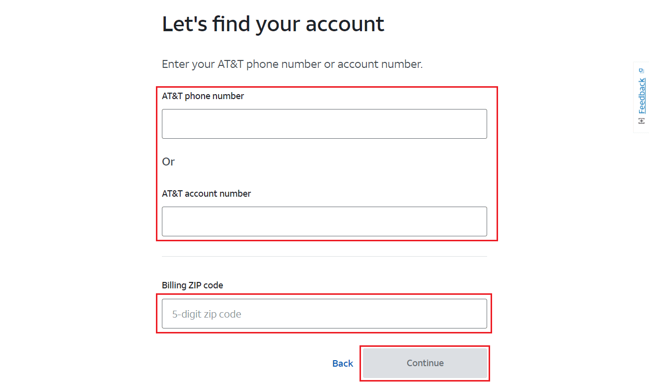 Enter your AT&T phone number or AT&T account number - enter the 5-digit Billing ZIP code and click on Continue | How to Delete ATT Account | cancel AT&T installation