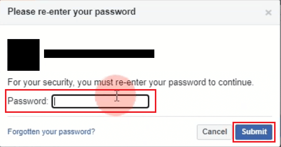 Enter your FB account password and click on Submit