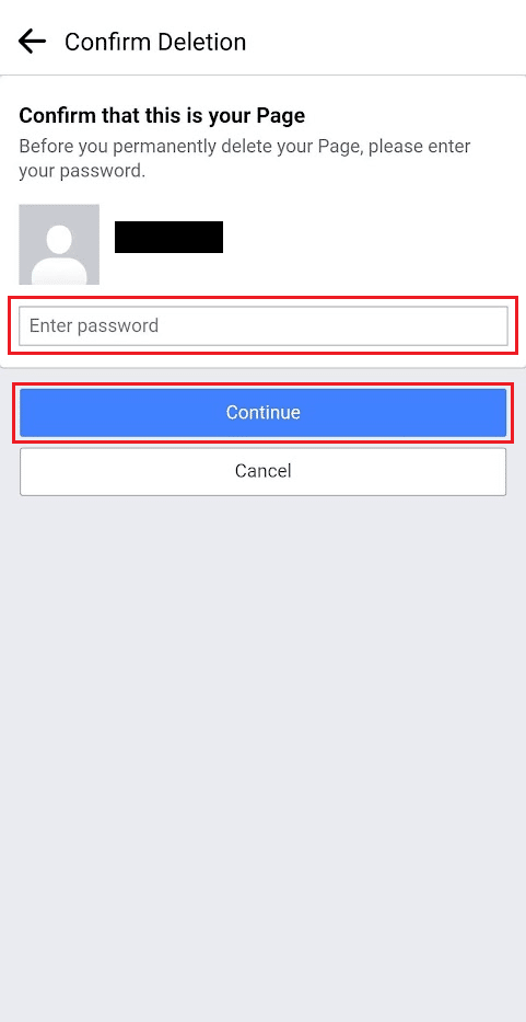 Введіть пароль свого облікового запису FB і натисніть Продовжити | Як видалити бізнес-акаунт Facebook