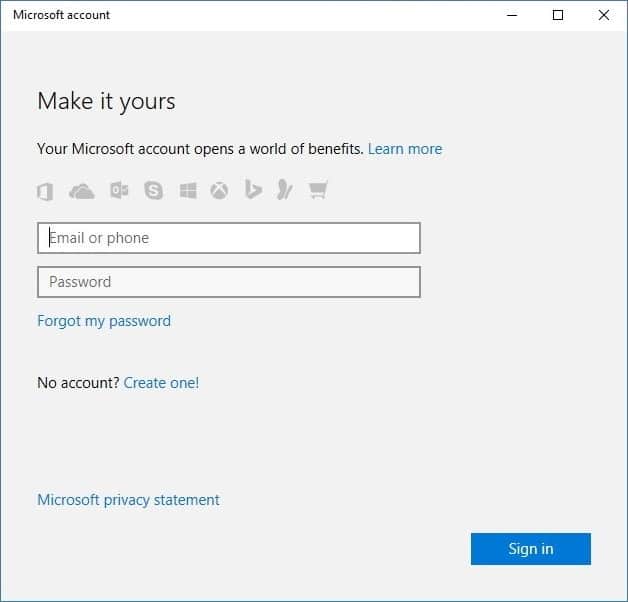Enter your Microsoft account credentials and then click Sign in