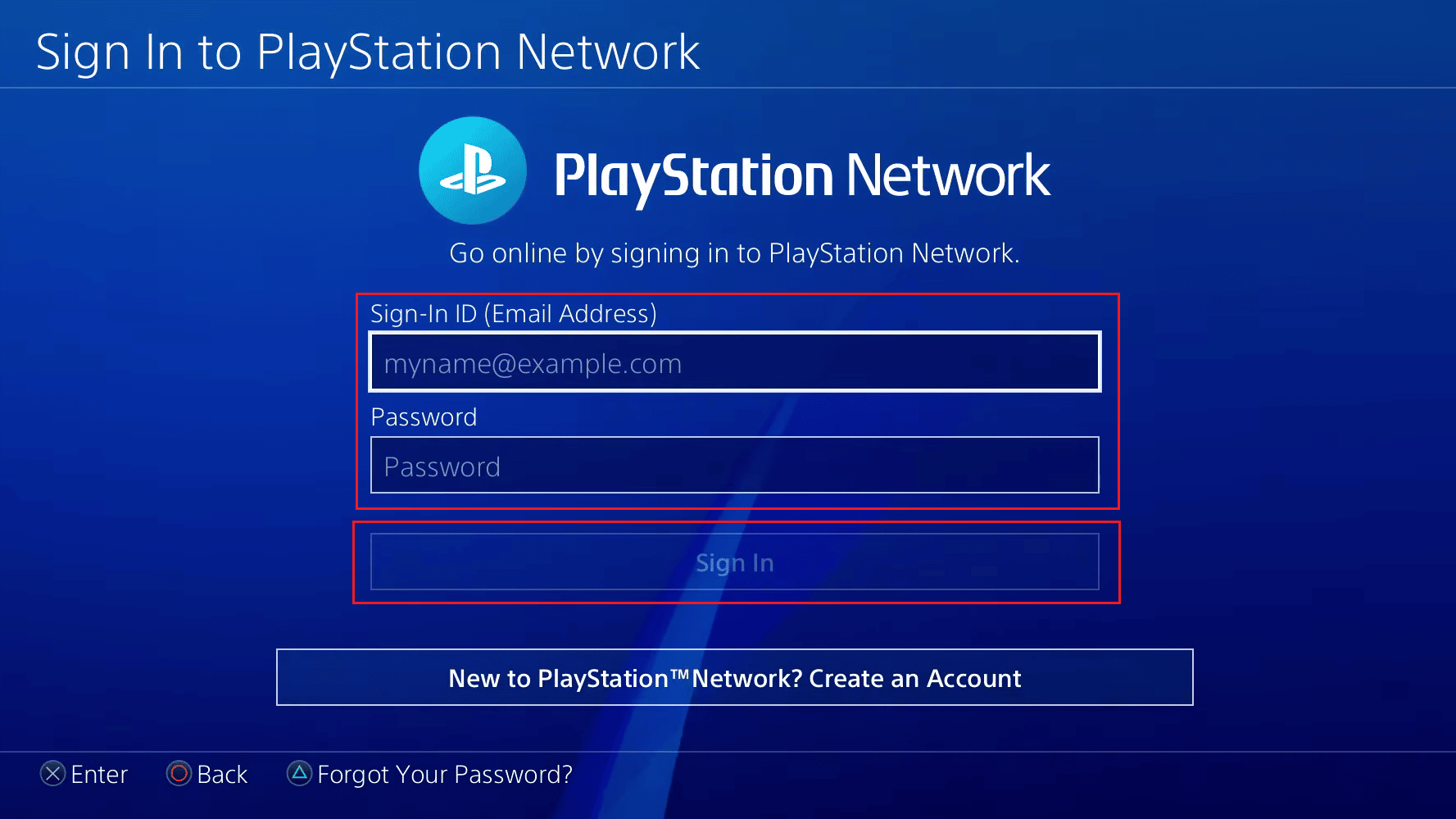 Enter your Sign-In ID (Email Address) and Password and select the Sign In | add another PSN account to PS4