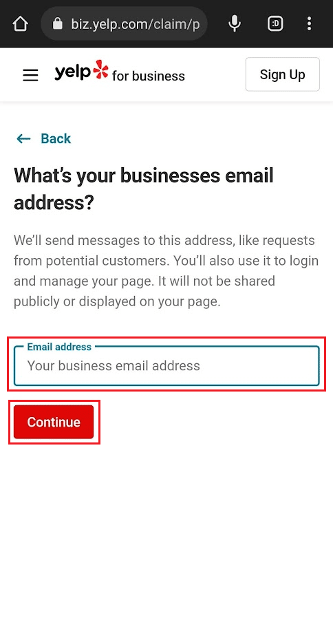 Enter your business email address and tap on Continue | How to Create Account on Yelp