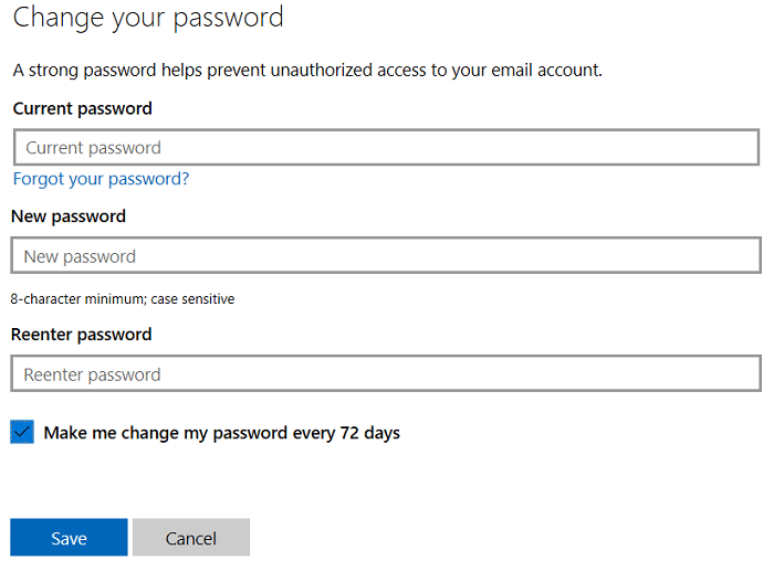 Введите свой текущий пароль, затем введите новый пароль, чтобы изменить пароль учетной записи Microsoft.