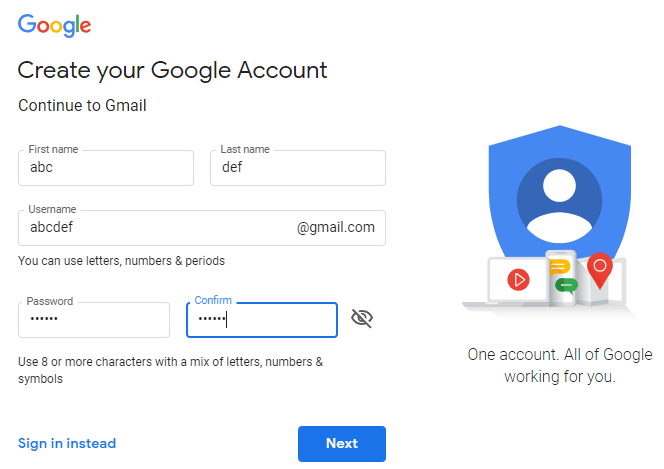 Enter your details to create a new Gmail account