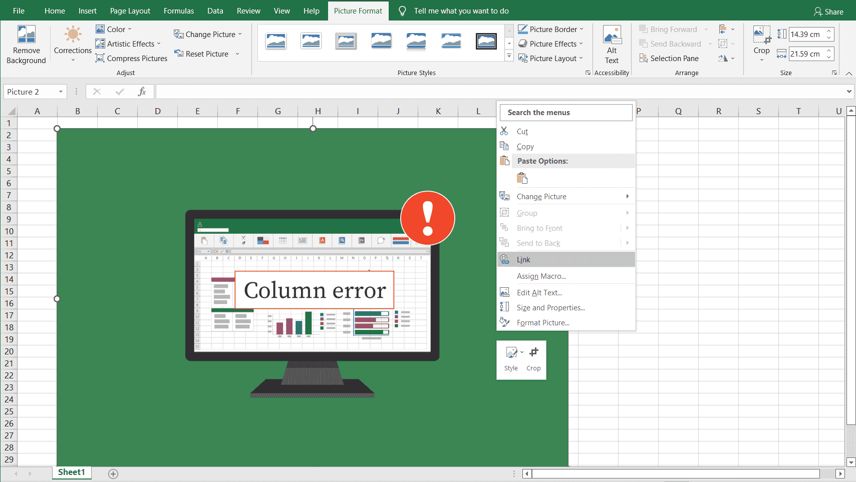 Excel right click picture select Link option to attach remove hyperlink