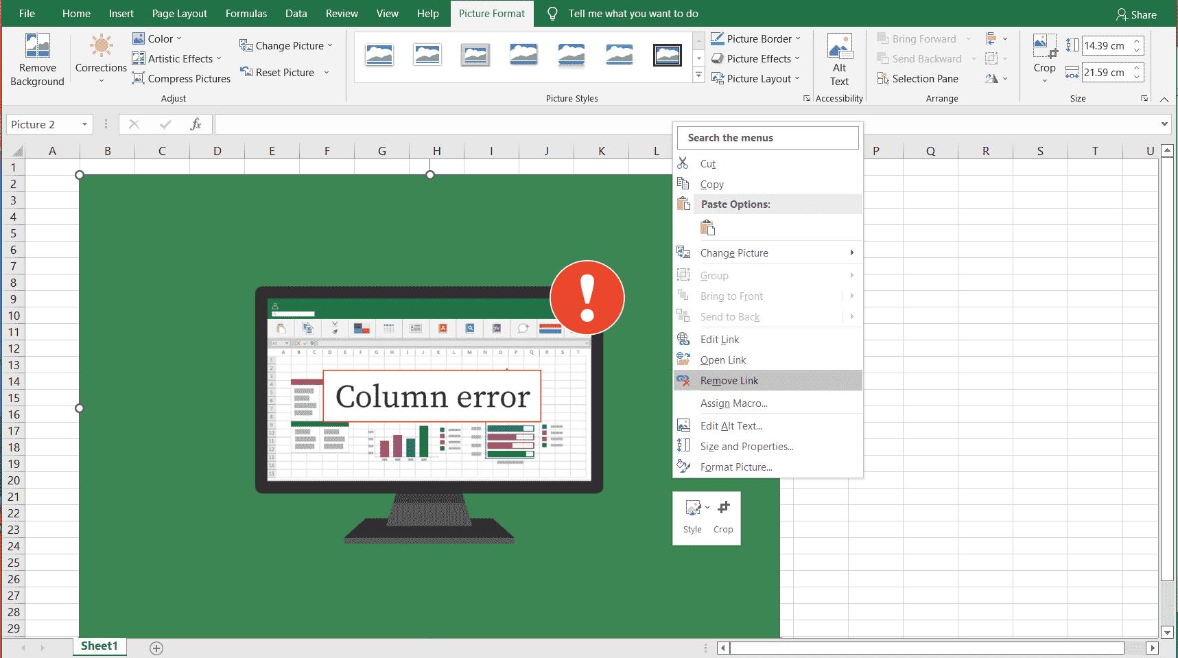 Excel right click picture select Link option to remove hyperlink