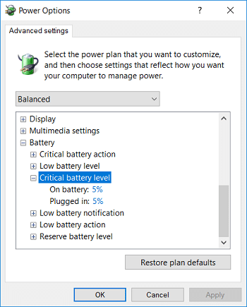 Expand Critical battery level then set the setting to 1% for both On battery & Plugged In