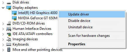 Expand Display adapters and then right-click on the integrated graphics card and select Update Driver