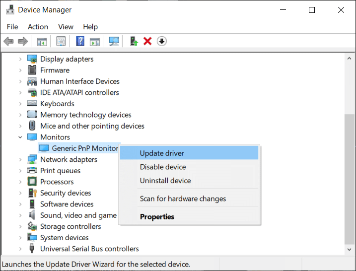 Expanda Monitores, clique com o botão direito em Monitor PnP genérico e selecione Atualizar driver