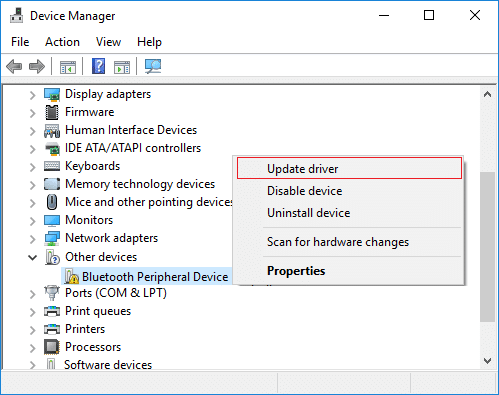 Expand Other devices then right-click on Bluetooth Peripheral Device and select Update driver