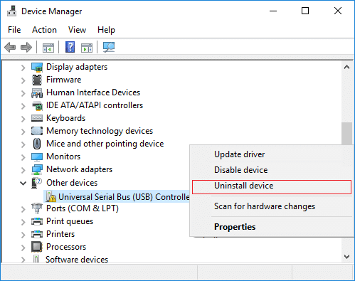 Expand Other devices then right-click on Universal Serial Bus (USB) Controller & select Uninstall