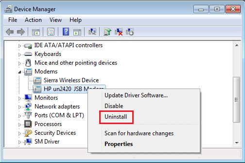 Expand Phone or Modem Options then right-click on your modem and select Uninstall