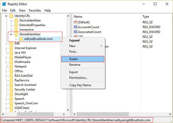 Разверните StoredIdentities, щелкните правой кнопкой мыши свою учетную запись Microsoft и выберите «Удалить».