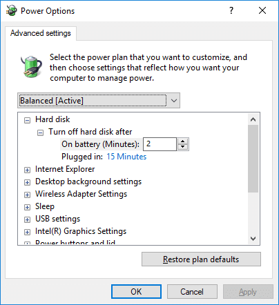 Expand Turn off hard disk after then change the settings for On battery and Plugged in