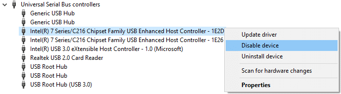 Expand Universal Serial Bus controllers then right click on USB drivers and select Disable