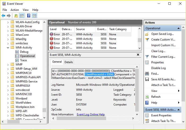 Expand WMI Activity then select Operational and look for ClientProcessId under Error | Fix High CPU Usage by WmiPrvSE.exe