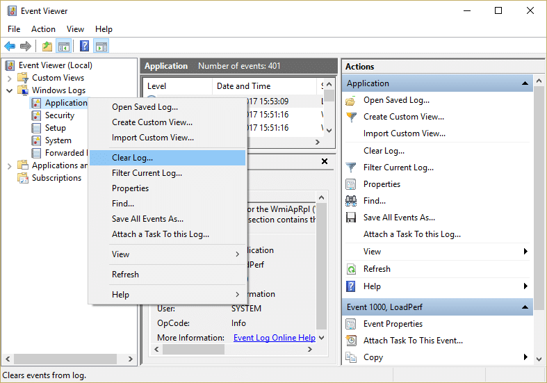 Expand Windows Logs and then right-click on the sub folders one by one and choose Clear Log