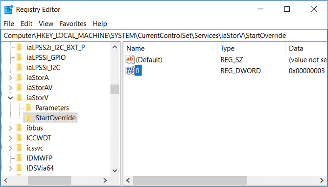 Expand iaStorV then select StartOverride then double-click on 0 DWORD