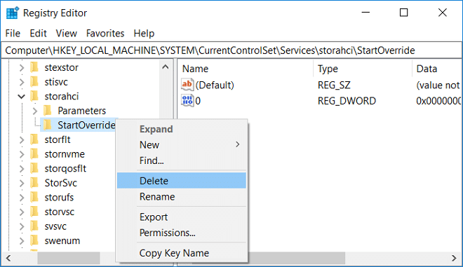 Expand storahci then right-click on StartOverride and select Delete