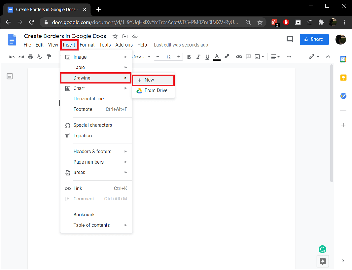 Expand the Insert menu, select Drawing followed by New | How To Create Borders In Google Docs?