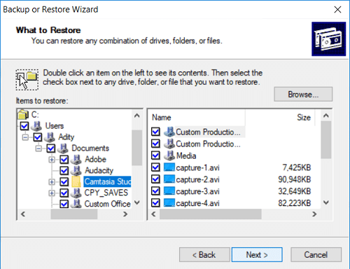 Expand the Items to Restore and then select the files or folders which you want to restore