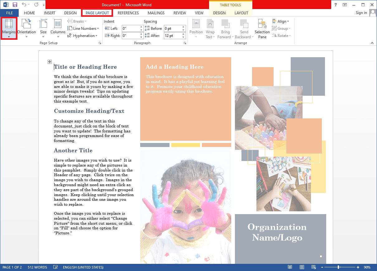 Expand the Margins selection menu in the Page Setup group. | Set Up 1 Inch Margins in Microsoft Word