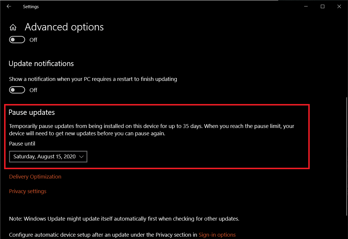 Expand the Pause Updates date selection drop-down menu