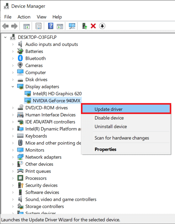 Expand the ‘Display Adapters’ and right-click on the graphic card. Select ‘Update Driver’