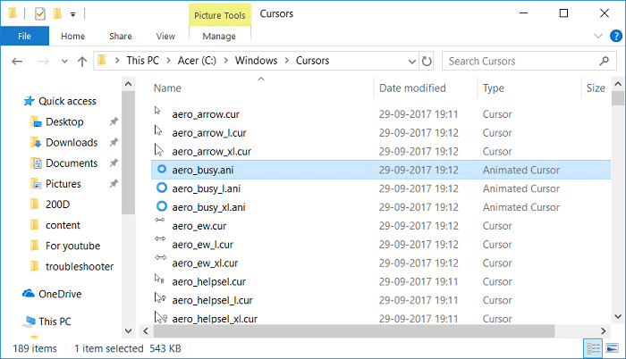Extract the downloaded pointer files to Cursors folder inside Windows