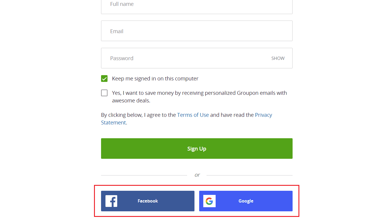 Facebook or Google link tab to Sign Up with that specific account