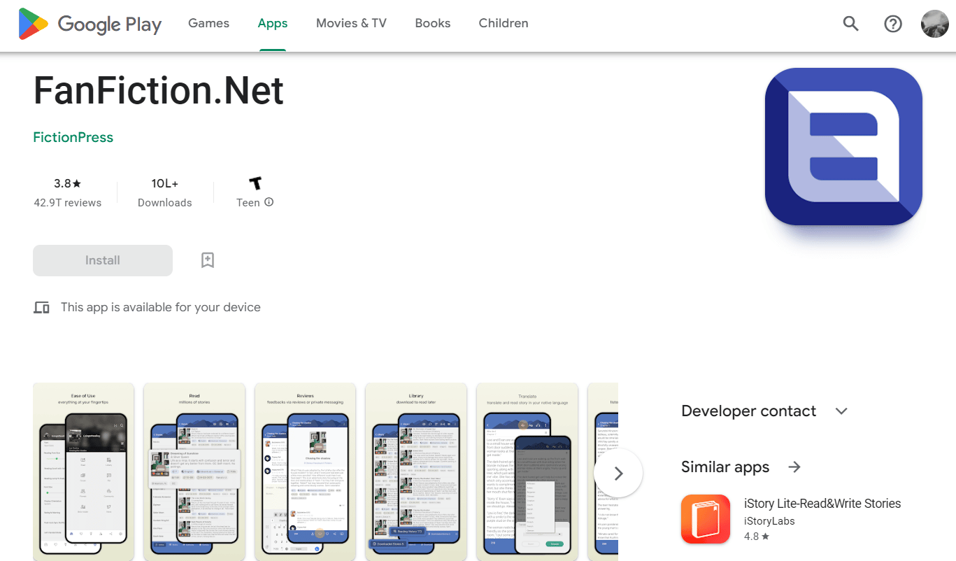 FanFiction.Net app Play Store