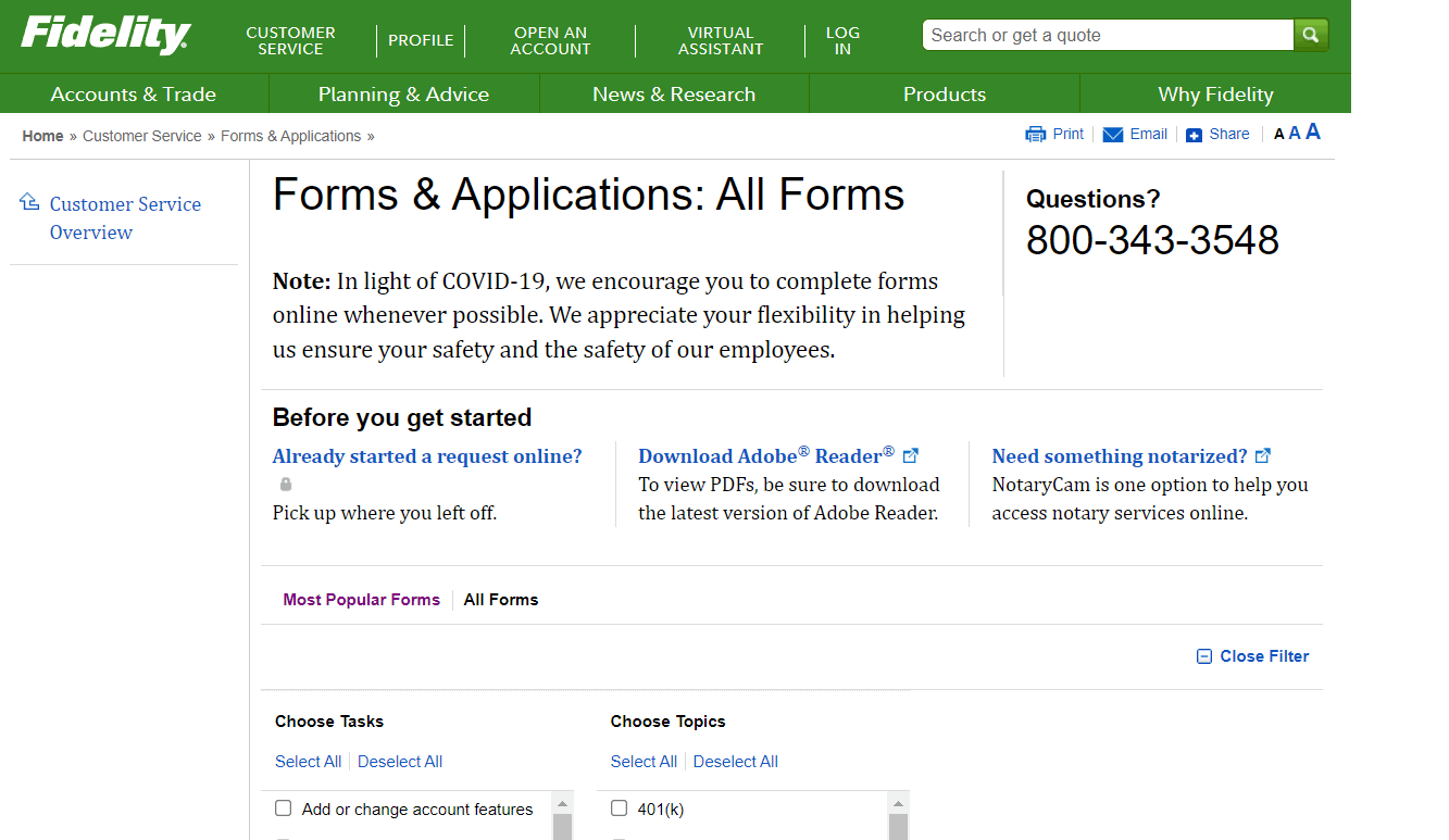 Fidelity Online Forms and Applications page
