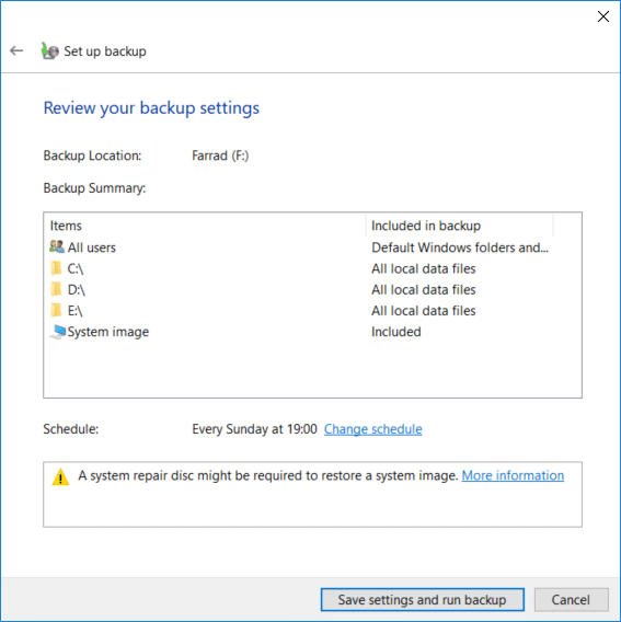 Finally, review all your settings then click Save settings and run the backup