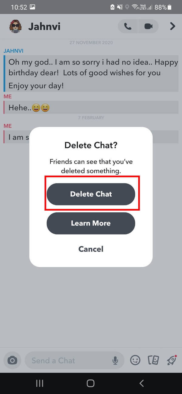 Finally, tap on the Delete Chat option to delete the particular message. | How to Delete Messages on Snapchat