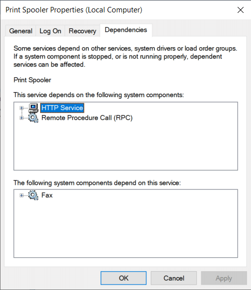 Finally, the dependencies tab lists all the other services and drivers