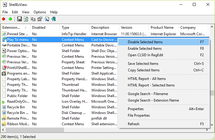 Find Play To menu under Extension name then right click on it and select Disable Selected Items