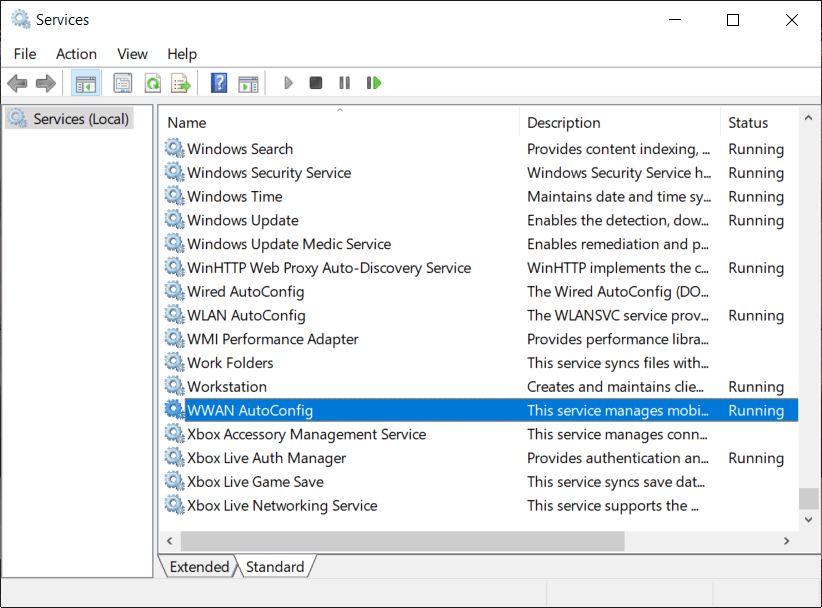 Find WWAN AutoConfig Service in the list (press W to reach to the end of the list quickly)
