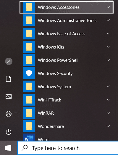 Sadaļā Visas lietotnes atrodiet mapi Windows piederumi
