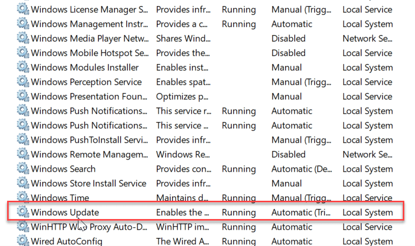 Find Windows Update in the services window