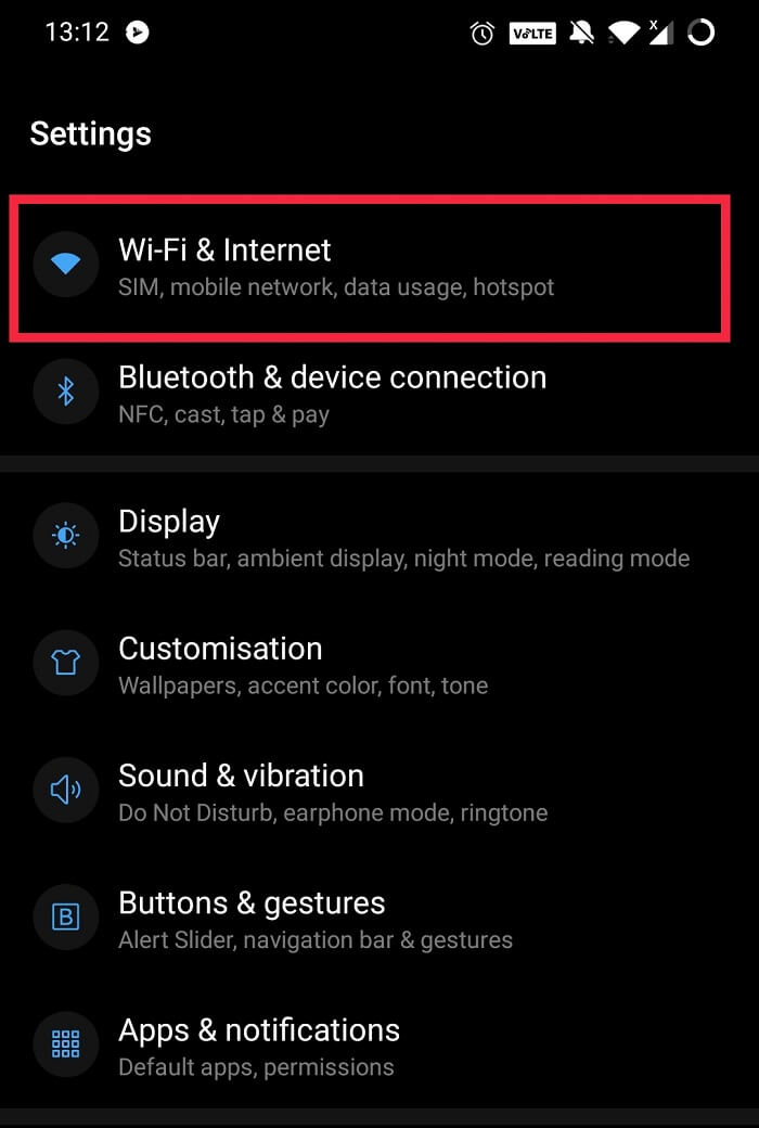 Find a network and internet settings section