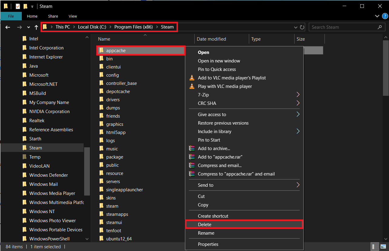 Find appcache in Windows File Explorer & press delete key
